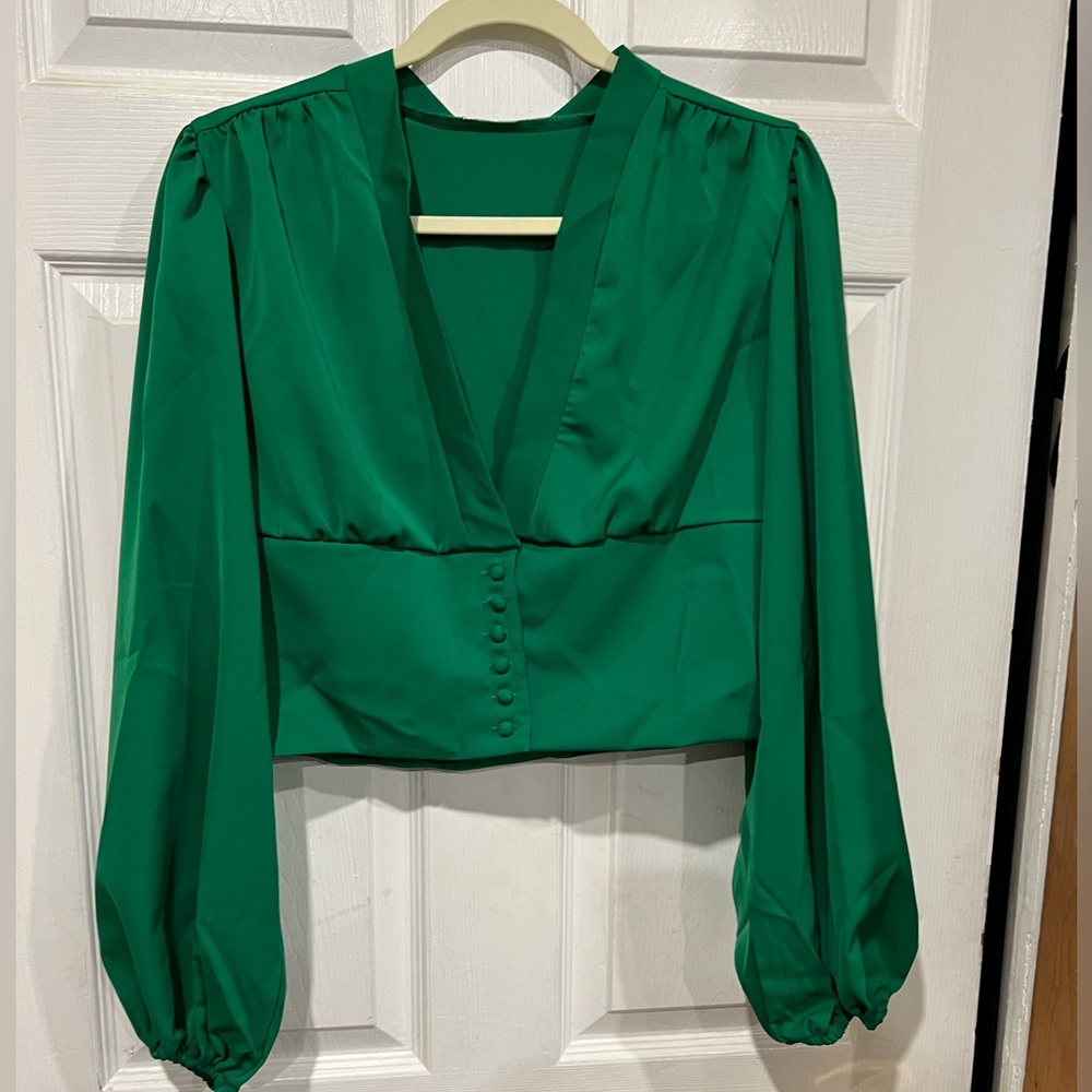 Green crop button down top